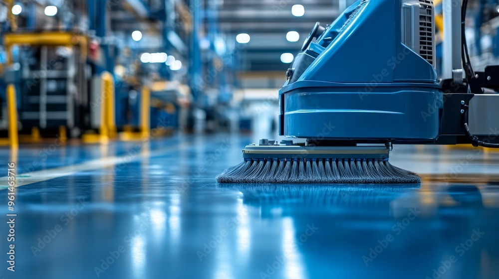 A close-up shot of an industrial floor scrubber cleaning a factory floor. The blue machine with a brush is moving across the smooth, reflective surface, symbolizing cleanliness, efficiency, and indust A close-up shot of an industrial floor scrubber cleaning a factory floor. The blue machine with a brush is moving across the smooth, reflective surface, symbolizing cleanliness, efficiency, and indust
