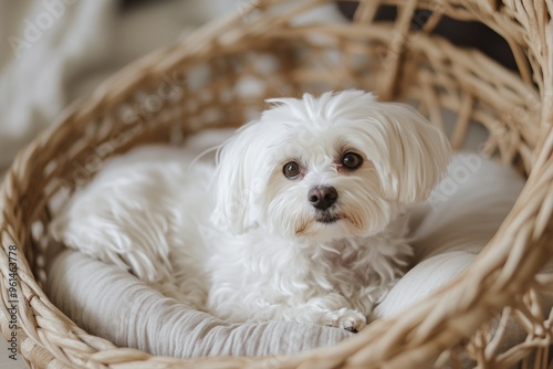 white maltese dog in a rattan natural material pet home bed minimal brown beige color palette. Life with pets. 