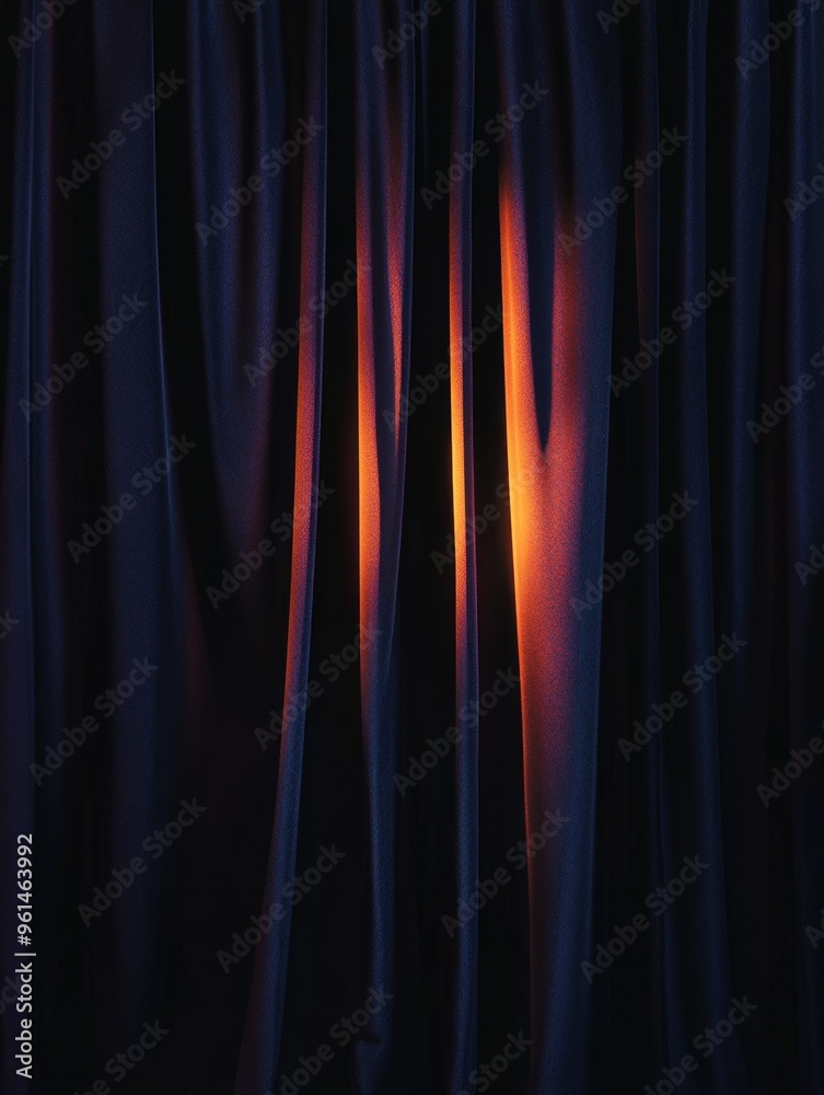 Fototapeta premium A close-up shot of black velvet curtains draped dramatically, revealing a warm, orange glow from behind. The image evokes a sense of anticipation, mystery, and the impending unveiling of something spe