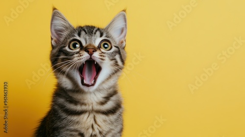 Portrait cute cat expression screaming on bright yellow background