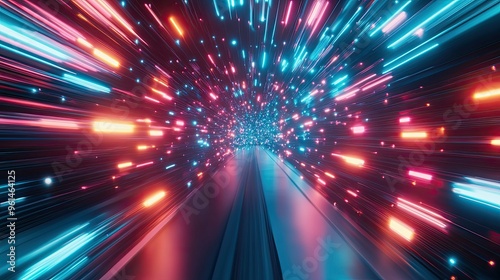 A dynamic 3D render of neon lights moving at high speed, creating a vibrant and futuristic technology background with a sense of motion and energy.