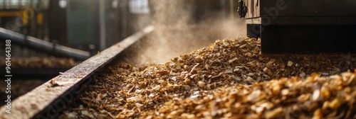 A close-up view of a biomass boiler's feeding system, showcasing wood chips being transported on a conveyor belt towards the furnace, demonstrating the efficient and sustainable process of biomass ene