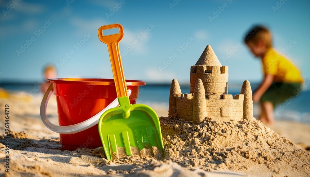 A toy spade, bucket and ruins of sandcastle in front, kids are playing on background. Summer vacation A toy spade, bucket and ruins of sandcastle in front, kids are playing on background. Summer vacation