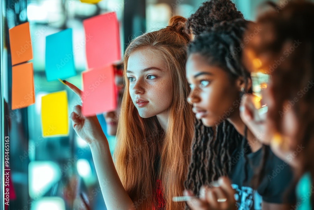 Fototapeta premium group of diverse young beautiful female teens brainstorming ideas on colorful sticky notes in an open space, captured through the glass window with natural light and reflections