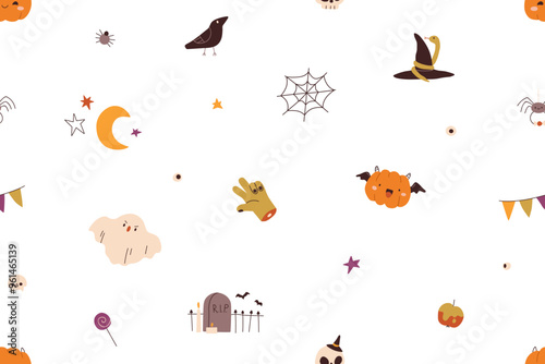 Seamless Halloween pattern with cute pumpkins, ghosts, spider web. Festive au...