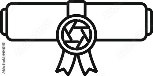 Line art vector of a rolled up diploma with a ribbon and a photography symbol, representing a photography school diploma