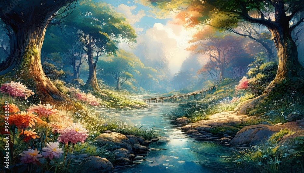 A forest scene while the sun begin to rise. Tall, ancient trees with vibrant green leaves form a canopy above, while a winding stream with clear, sparkling water flows gently through the scene. A forest scene while the sun begin to rise. Tall, ancient trees with vibrant green leaves form a canopy above, while a winding stream with clear, sparkling water flows gently through the scene.