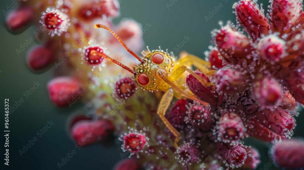 A tight shot of a yellow and red arachnid on a red and white flora, adorned with dewdrops A tight shot of a yellow and red arachnid on a red and white flora, adorned with dewdrops