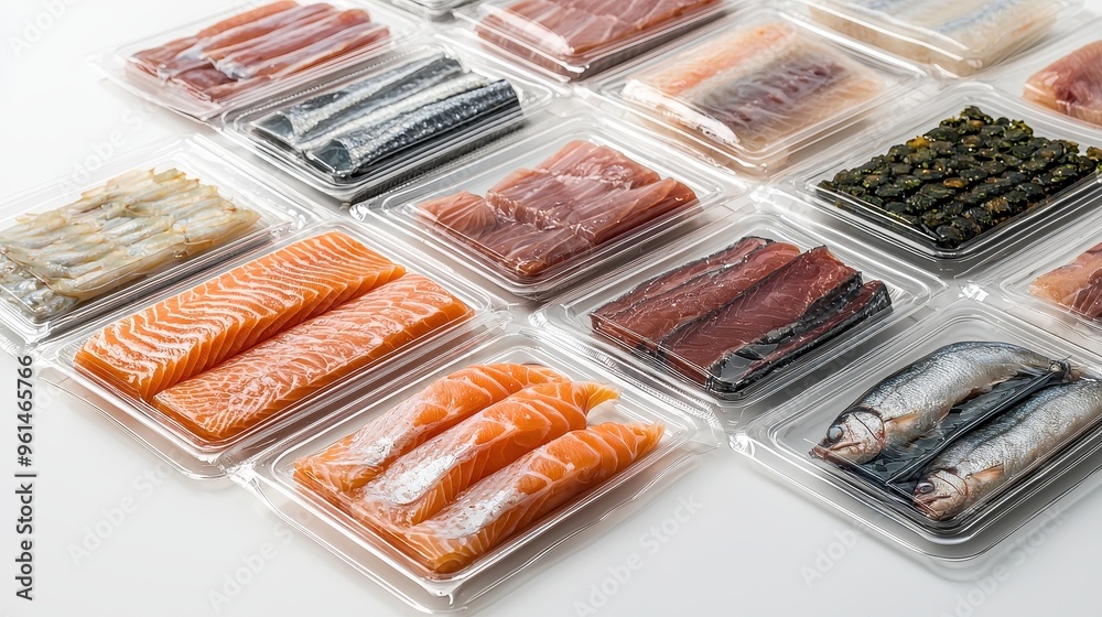 Fresh Salmon  Tuna  Mackerel and Sea Bass in Plastic Packaging