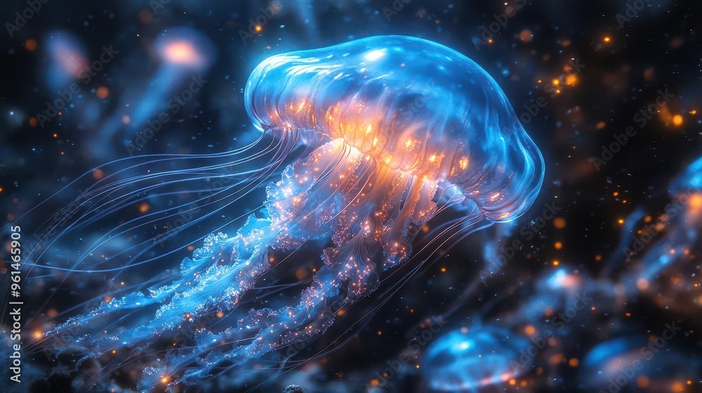 luminous jellyfish drifting through azure depths tendrils trailing gracefully ethereal bioluminescence illuminates surrounding waters creating an otherworldly underwater spectacle luminous jellyfish drifting through azure depths tendrils trailing gracefully ethereal bioluminescence illuminates surrounding waters creating an otherworldly underwater spectacle