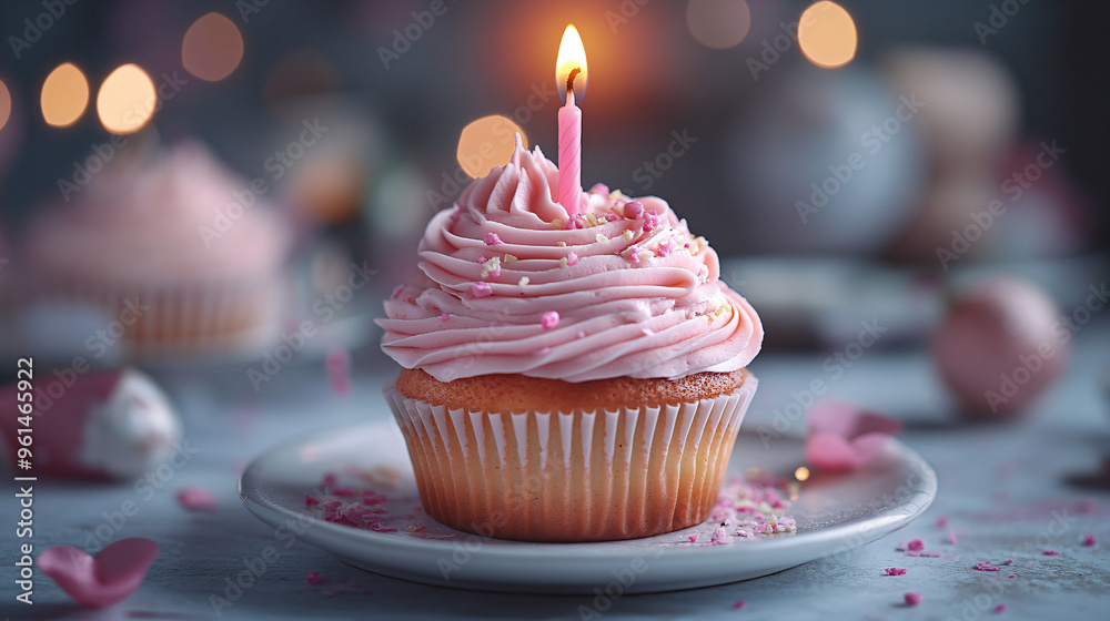 Pink birthday cupcake with candle. Pink birthday cupcake with candle.