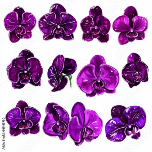 Vanda Miss Joaquim Flowers, the national flower of Singapore. Watercolor hand-drawn violet orchid isolated on white background. Authentic botanical illustration.