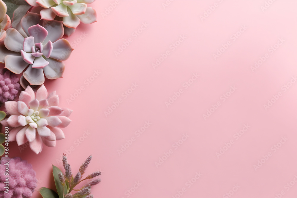 Arrangement of succulents against a pink background with copy space. Flat lay