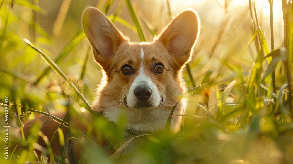 A tight shot of a dog in a field of towering grass, sun casting light on its face A tight shot of a dog in a field of towering grass, sun casting light on its face