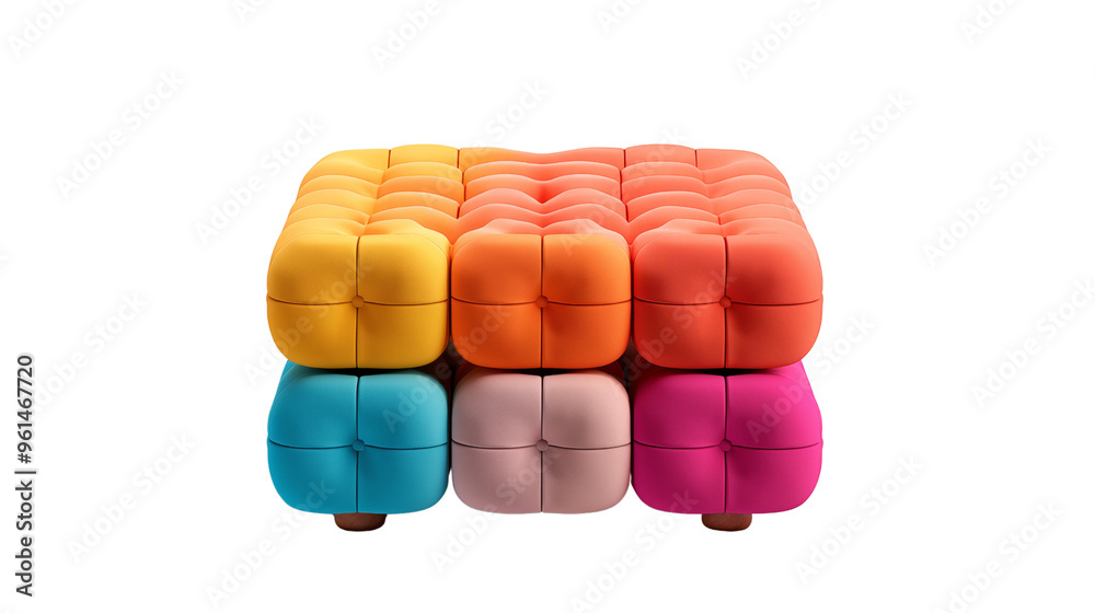 colourful square and round soft ottoman stool, studio view, isolated on transparent background. colourful square and round soft ottoman stool, studio view, isolated on transparent background.
