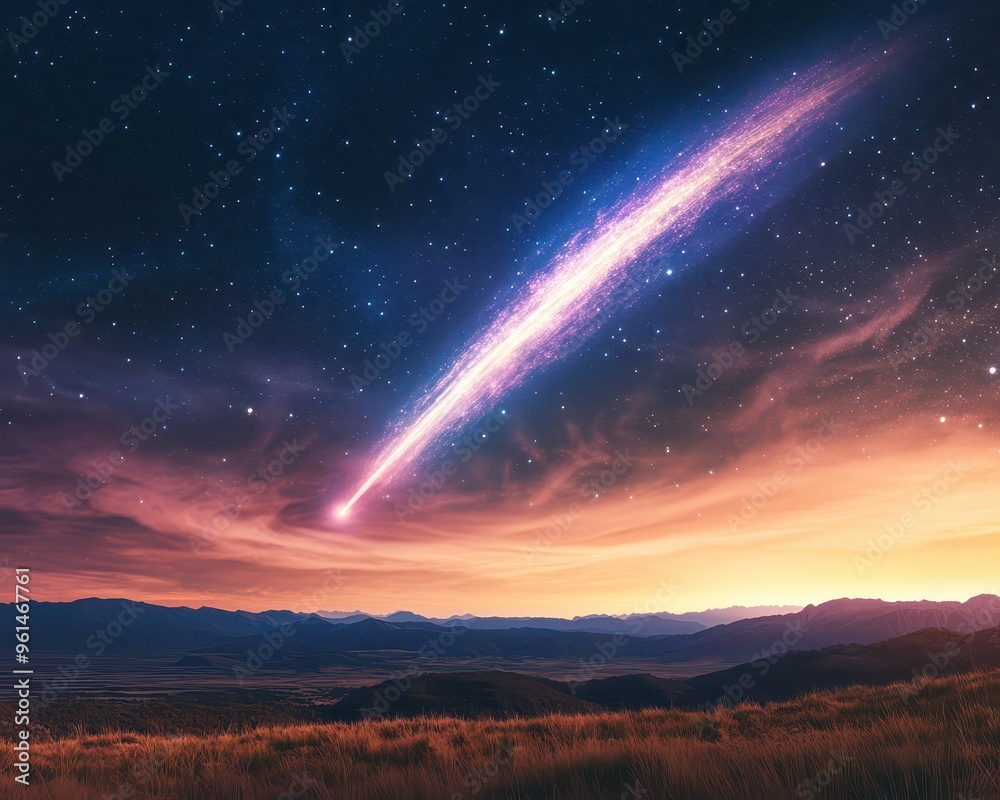 Glowing comet trails streaking across a twilight sky, cosmic glowtime, mesmerizing and celestial. Glowing comet trails streaking across a twilight sky, cosmic glowtime, mesmerizing and celestial.