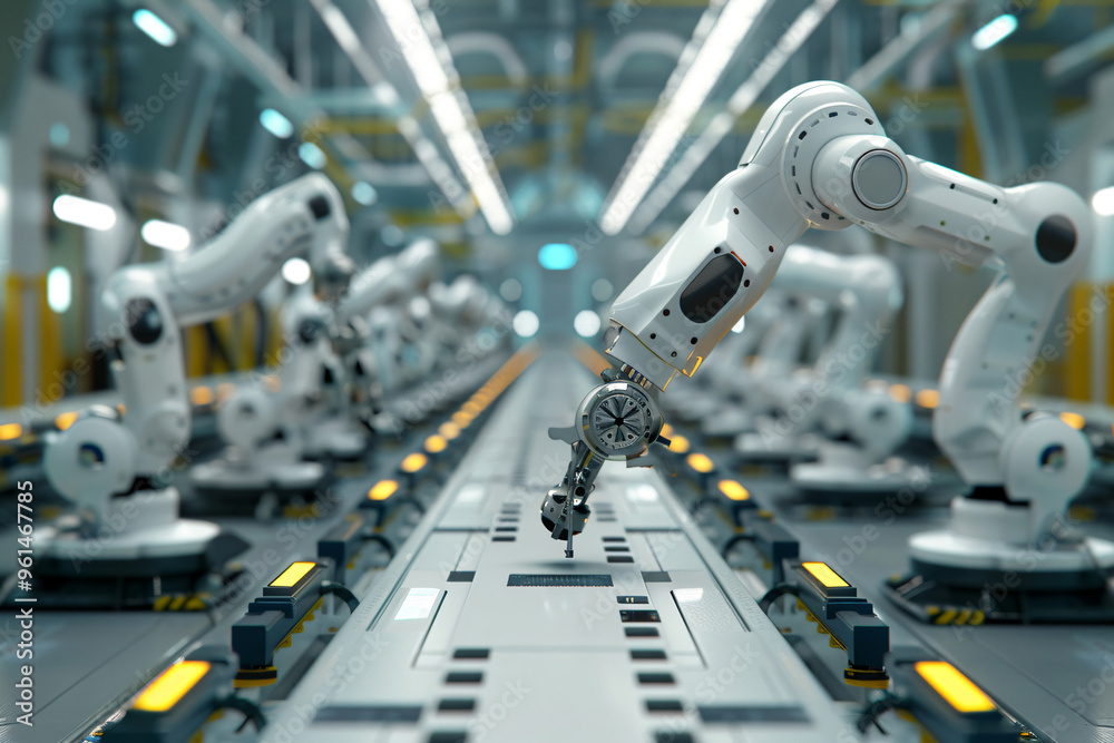 Robotic arm production line. Manufacturing industry automation concepts. Robotic arm production line. Manufacturing industry automation concepts.