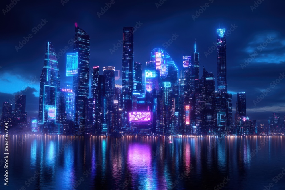 Fototapeta premium A futuristic city skyline illuminated by glowing holographic advertisements, showcasing advanced technology and vibrant neon lights
