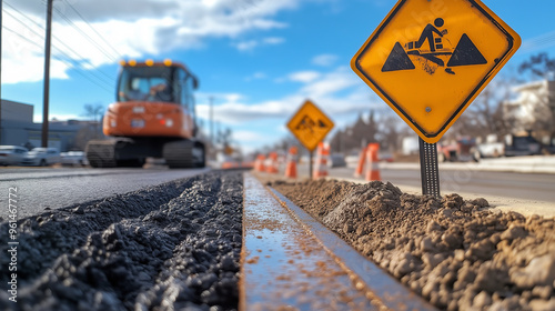 A view of road signs warning of construction ahead, with freshly laid asphalt and construction equipment in the background.