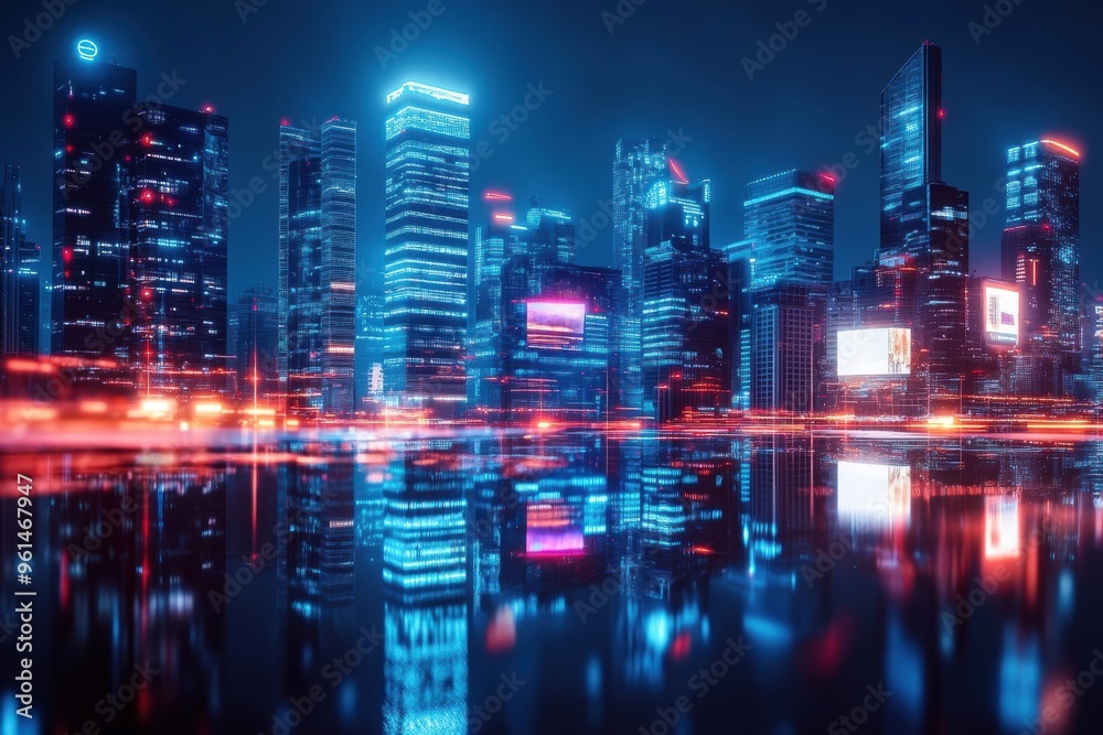 A futuristic city skyline illuminated by glowing holographic advertisements, showcasing advanced technology and vibrant neon lights