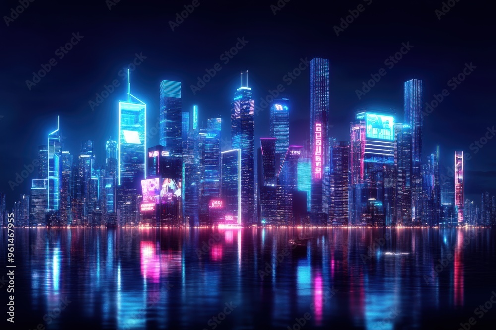A futuristic city skyline illuminated by glowing holographic advertisements, showcasing advanced technology and vibrant neon lights A futuristic city skyline illuminated by glowing holographic advertisements, showcasing advanced technology and vibrant neon lights