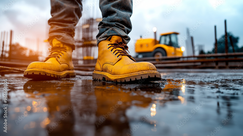 A construction workerâs boots standing on wet concrete, with rebar and construction equipment visible in the background. A construction workerâs boots standing on wet concrete, with rebar and construction equipment visible in the background.