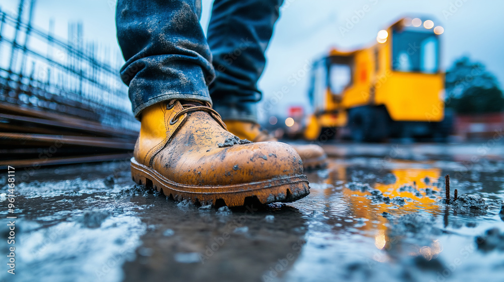 A construction workerâs boots standing on wet concrete, with rebar and construction equipment visible in the background. A construction workerâs boots standing on wet concrete, with rebar and construction equipment visible in the background.