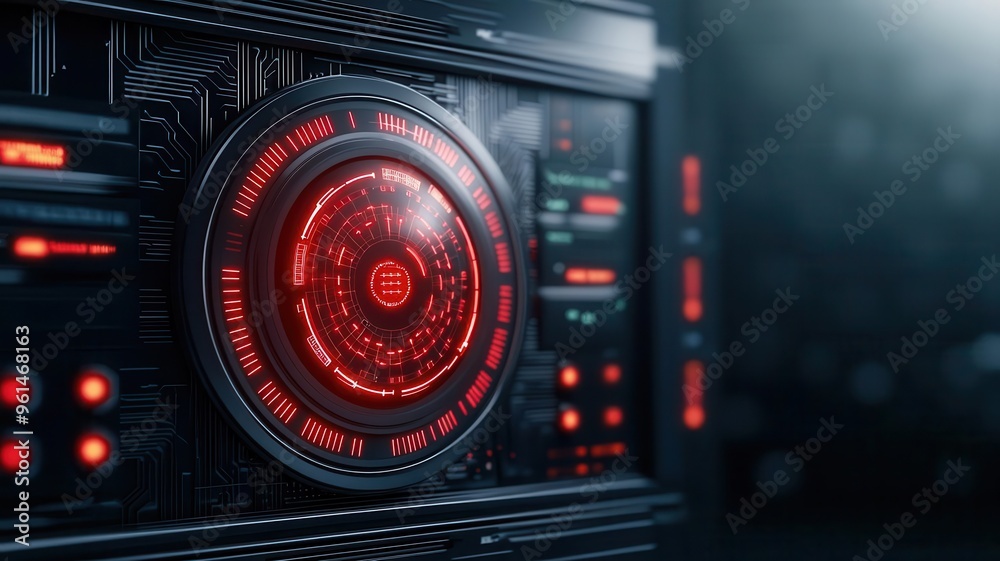 Obraz premium A futuristic computer screen displaying a secure cloud network interface, with visual indicators of data encryption and access controls