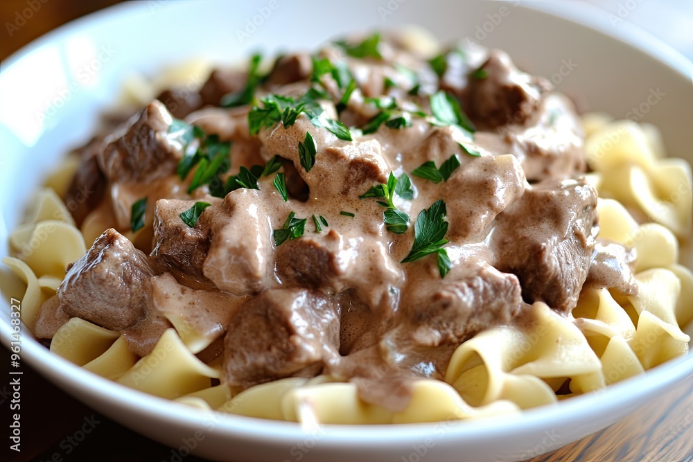 A creamy beef stroganoff served over egg noodles, garnished with fresh parsley A creamy beef stroganoff served over egg noodles, garnished with fresh parsley