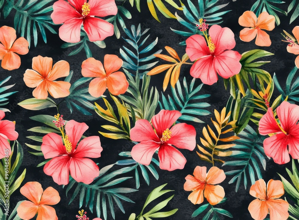 Tropical camouflage print featuring monstera, palm leaves, and darker background.