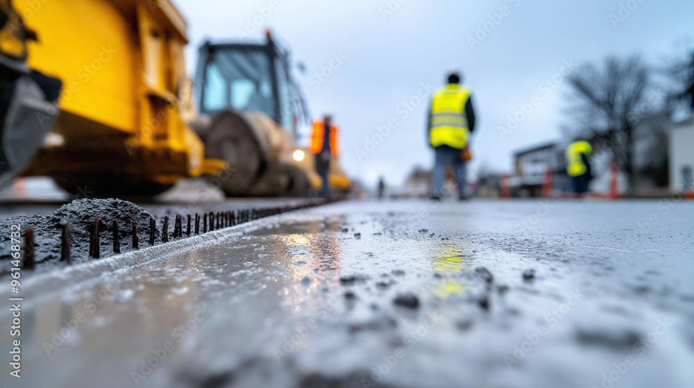 Close-up of freshly poured concrete being smoothed, with construction workers and machinery operating in the background. Close-up of freshly poured concrete being smoothed, with construction workers and machinery operating in the background.