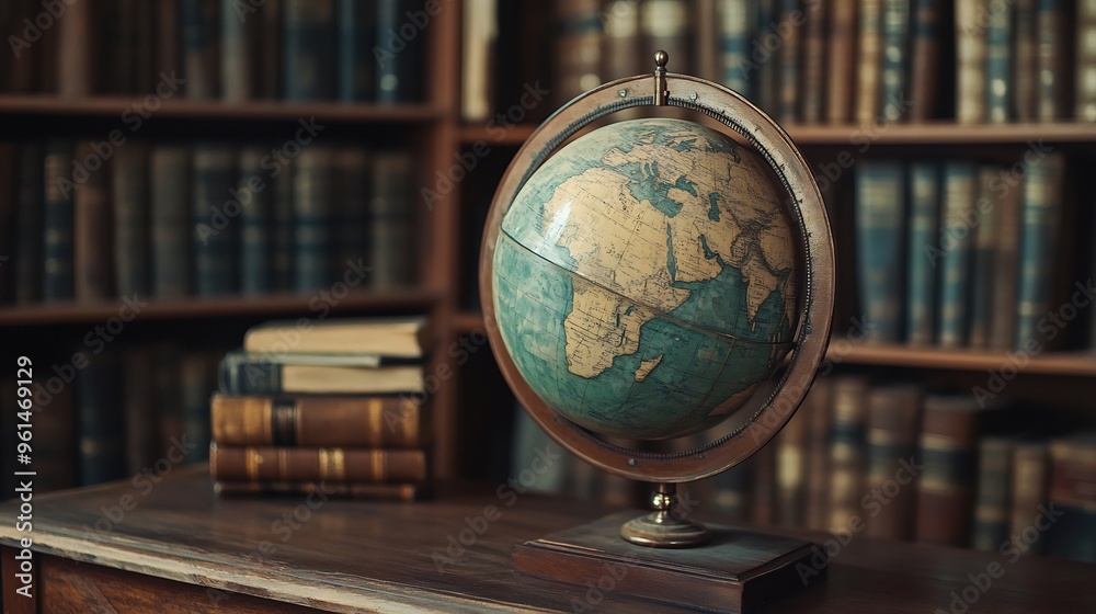 Antique Globe on a Wooden Table with a Library in the Background Antique Globe on a Wooden Table with a Library in the Background