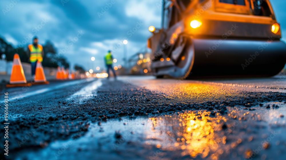 A detailed shot of a road roller machine compacting fresh asphalt, with safety cones and construction workers visible.