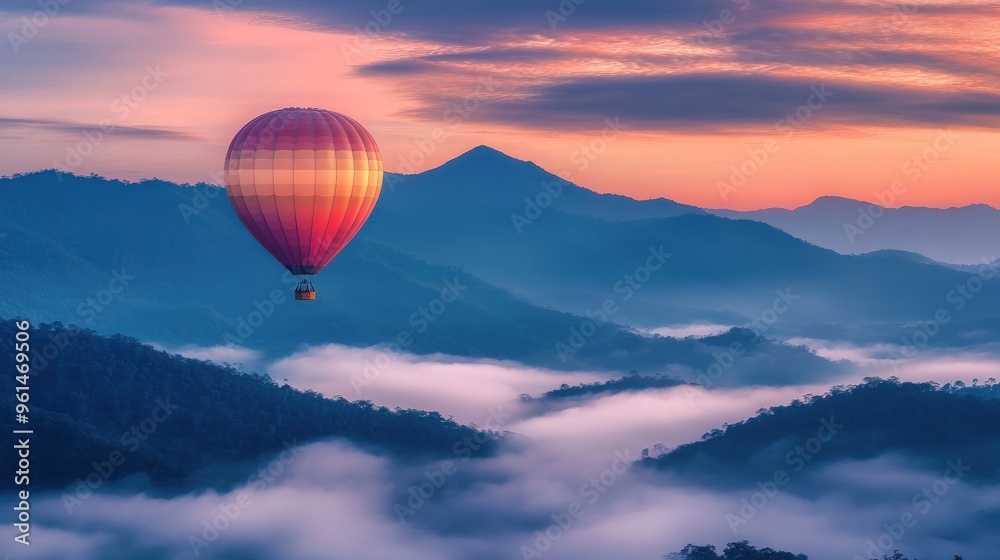 Fototapeta premium Hot Air Balloon Soaring Above Misty Mountains at Sunrise