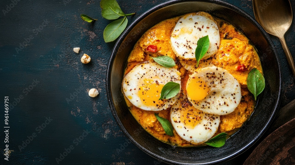 Egg hoppers served with curry and pol sambol, a Sri Lankan breakfast specialty. Top view with copy space. Egg hoppers served with curry and pol sambol, a Sri Lankan breakfast specialty. Top view with copy space.