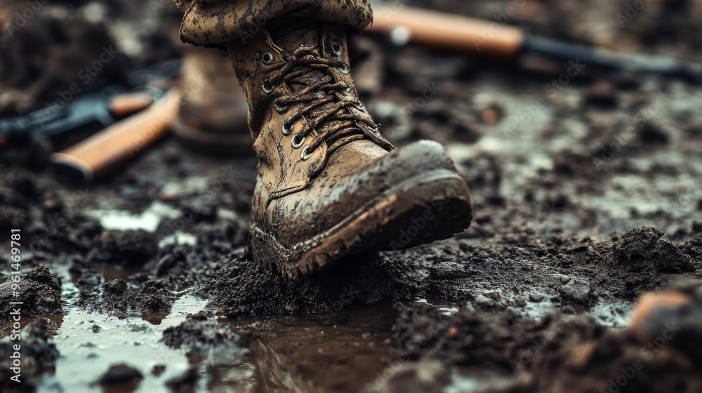 a military boot in the mud and ash of a battlefield a military boot in the mud and ash of a battlefield