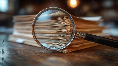 magnifying glass hovering over a meticulously organized stack of official documents crisp highcontrast image emphasizing attention to detail subtle watermarks and official seals visible