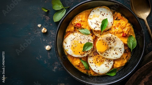 Egg hoppers served with curry and pol sambol, a Sri Lankan breakfast specialty. Top view with copy space.