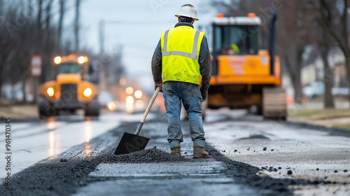 A road repairman stands with his back to the camera, shoveling asphalt into a hole in the road as machinery works in the background. photo