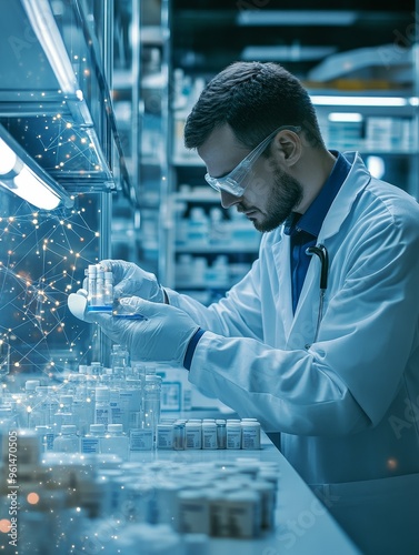 A dedicated scientist in a sterile laboratory examines vials of medication, symbolizing pharmaceutical research, scientific exploration, medical development, innovation, and the pursuit of healthcare 