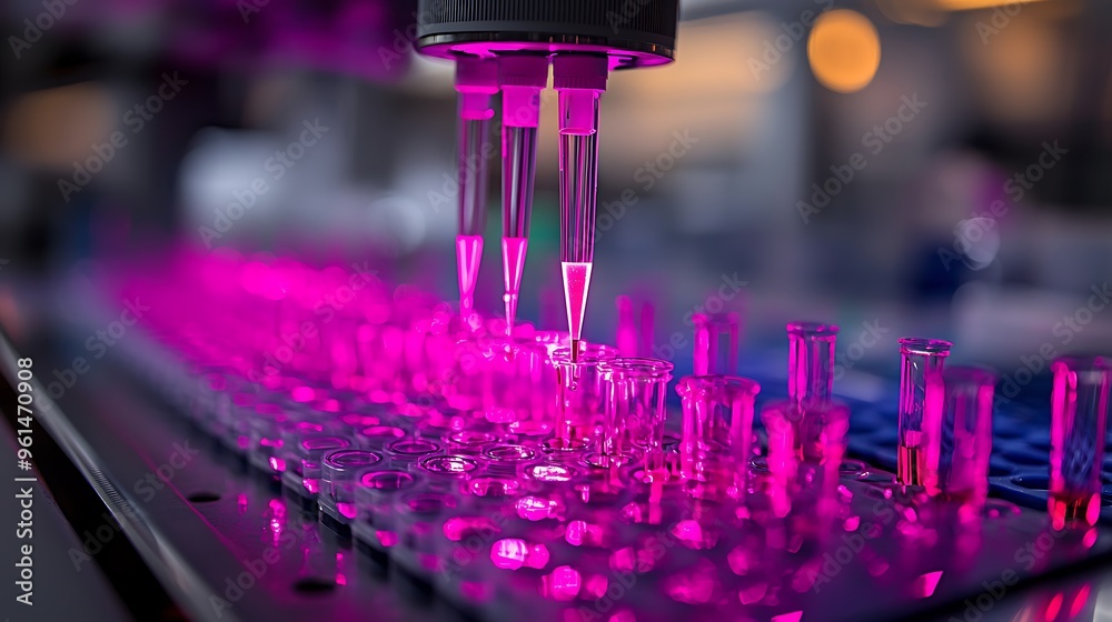 Closeup of laboratory pipettes releasing liquid into test tubes, precision captured in motion. Closeup of laboratory pipettes releasing liquid into test tubes, precision captured in motion.