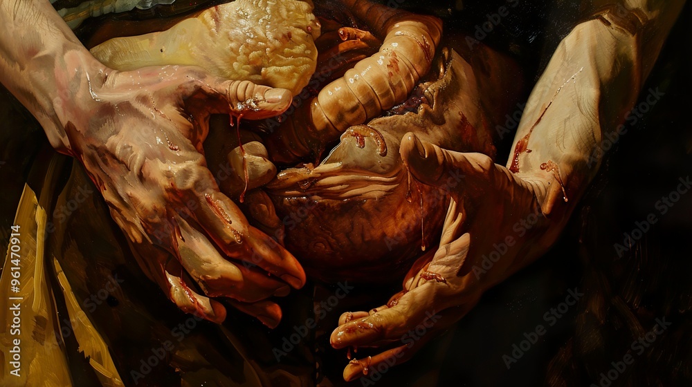 Two bloody hands holding a raw, bloody heart and intestines. Two bloody hands holding a raw, bloody heart and intestines.