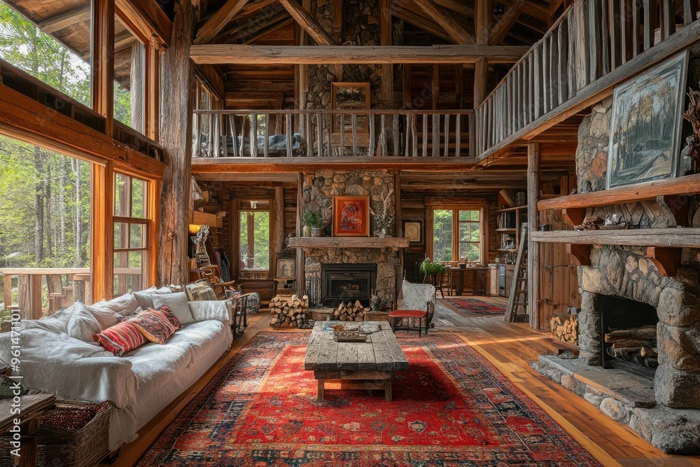 Cozy rustic cabin interior with wooden beams, stone fireplace, and inviting furnishings. Cozy rustic cabin interior with wooden beams, stone fireplace, and inviting furnishings.