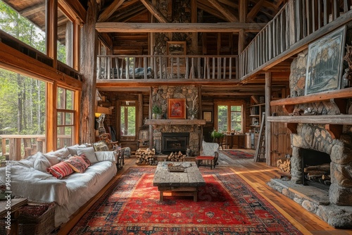 Cozy rustic cabin interior with wooden beams, stone fireplace, and inviting furnishings.