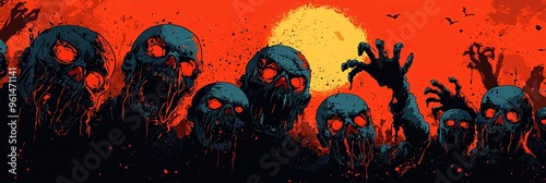 This image depicts a group of zombies covered in blood and grime, emerging from the darkness with a large glowing sun setting in the background, illustrating a spooky scene. photo