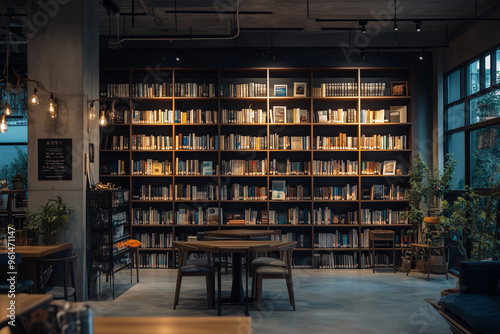 Variety of book in wooden shelf in library, Classic bookshelf in library with working space.