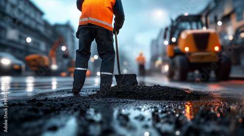 From behind, a road repairman lifts a shovel full of asphalt, preparing to fill a pothole as workers and equipment surround him. photo