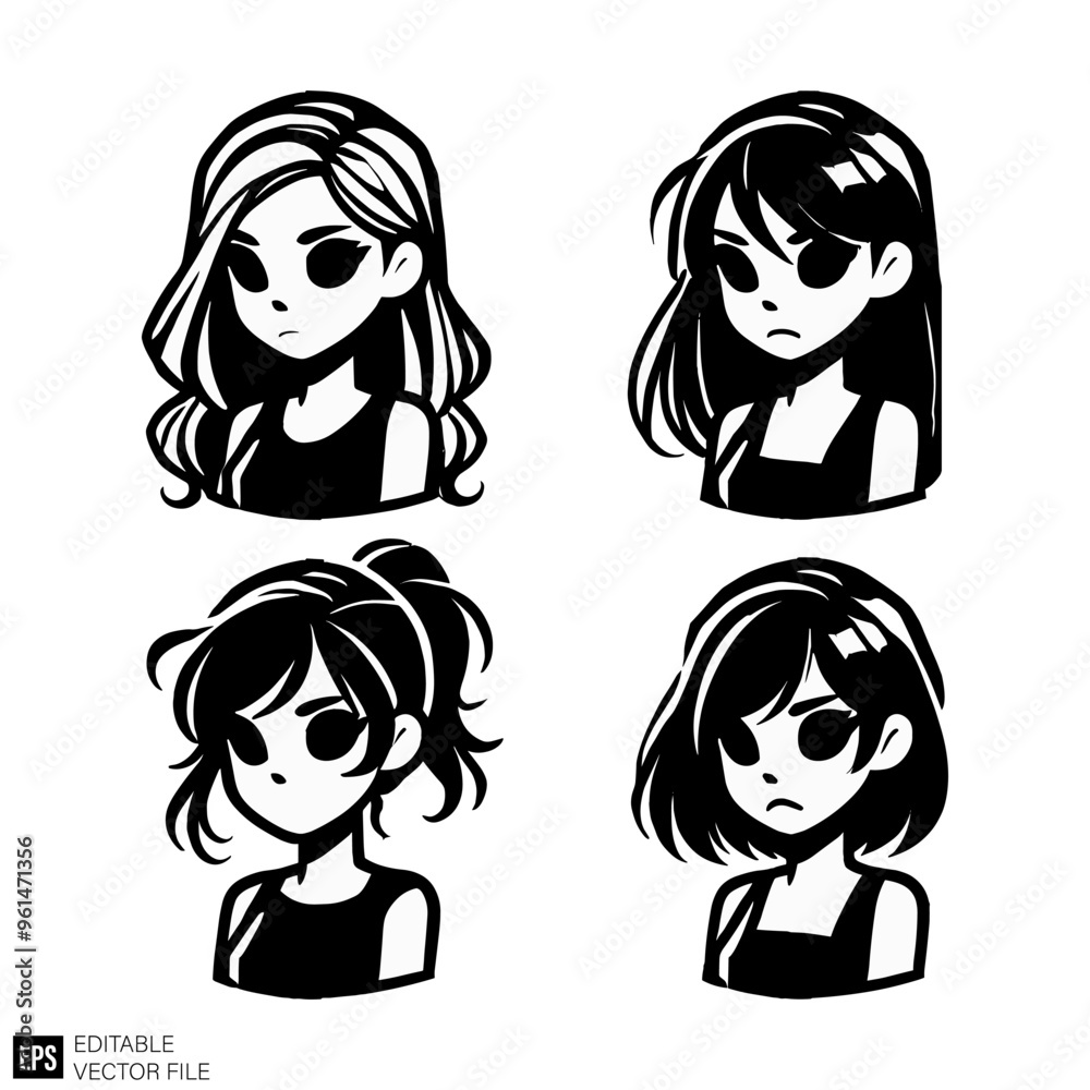 set of girls cartoon illustration graphic design black and white vector clip art silhouette set of girls cartoon illustration graphic design black and white vector clip art silhouette