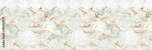 Seamless pattern and border of beige sea shells, bubbles and pebbles watercolor illustration on pebble background. Hand drawn ocean clams clipart for nautical and seaside designs  photo