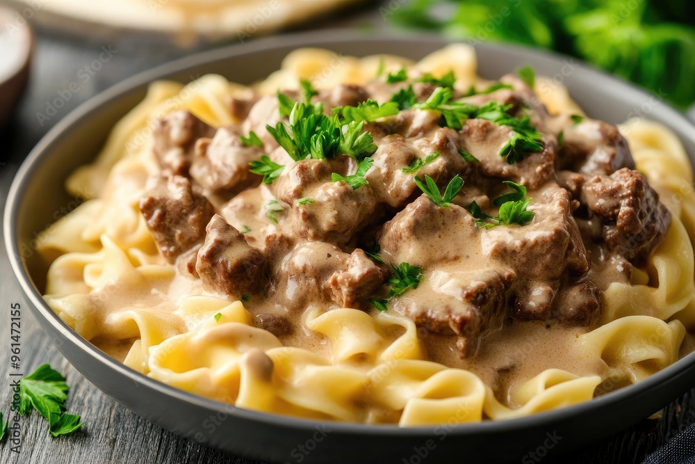 A creamy beef stroganoff served over egg noodles, garnished with fresh parsley A creamy beef stroganoff served over egg noodles, garnished with fresh parsley
